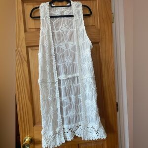 White Boho Crochet Lace Long Vest Duster Sheer Open Front Festival Cottagecore